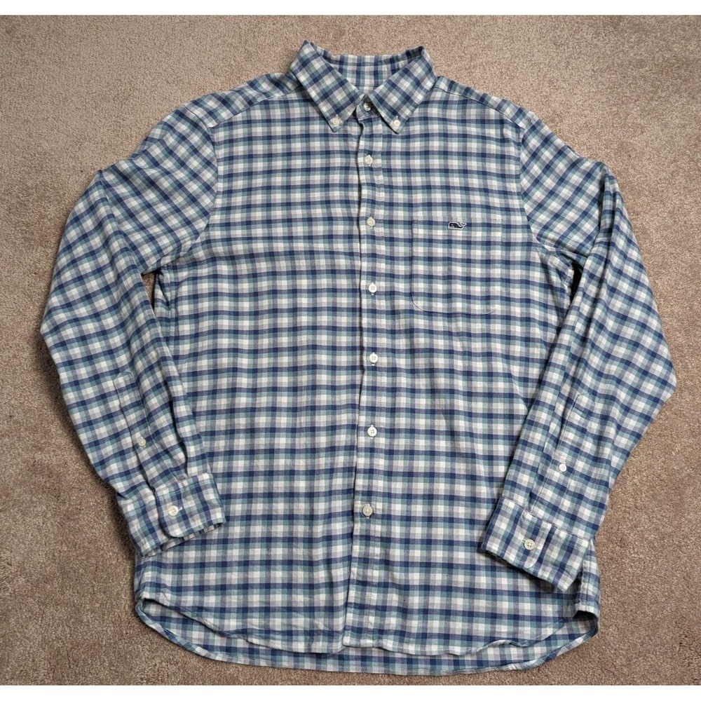 Vineyard Vines Shirt Mens Medium Blue Green Linen Blend Casual Classic Fit